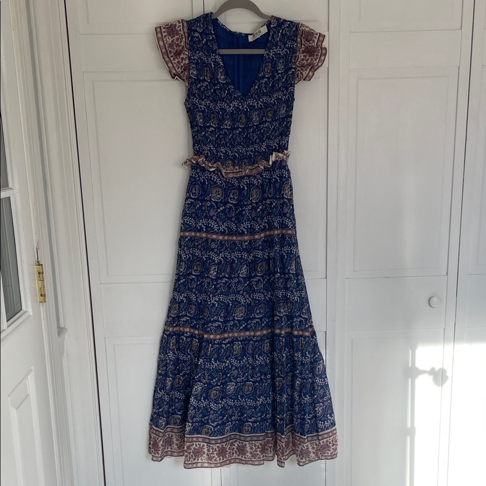 Sea New York Blue Maxi Dress with Cream & Purple Floral Accents